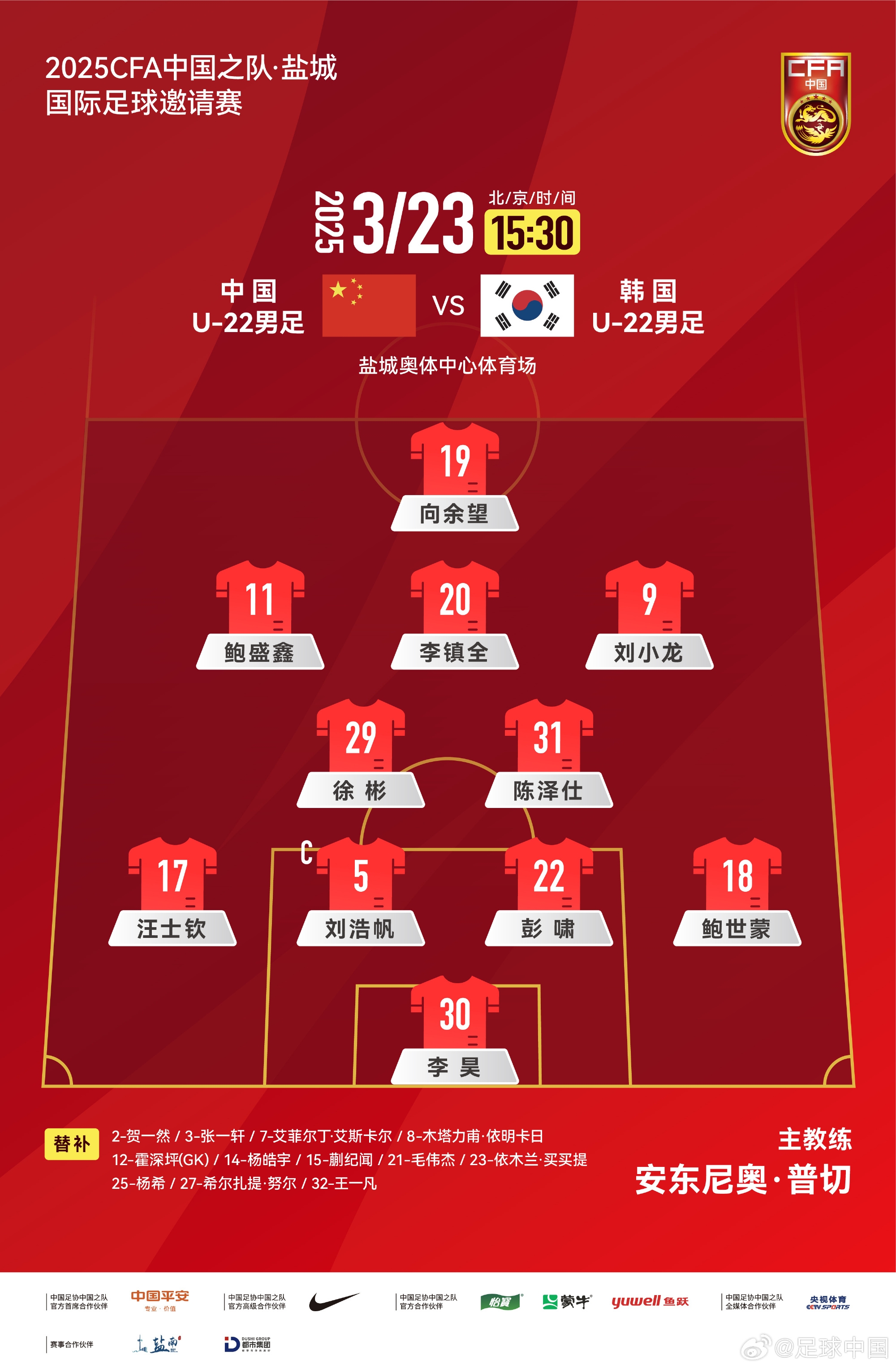 鹽城四國(guó)賽，中國(guó)U-22男足對(duì)陣韓國(guó)U-22男足，中國(guó)隊(duì)首發(fā)陣容